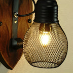 Rustic Antique Wood Iron Hollow Mesh Black Industrial Style Wall Lamp