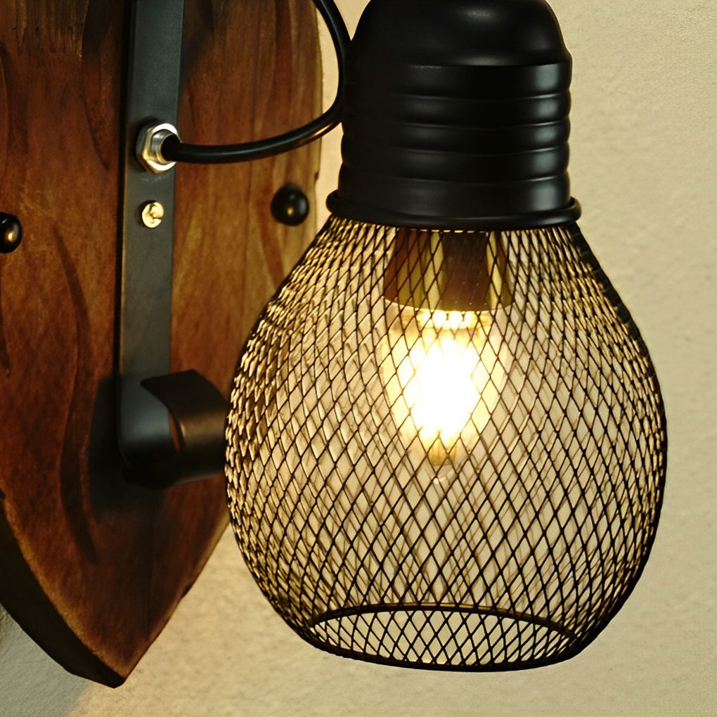 Rustic Antique Wood Iron Hollow Mesh Black Industrial Style Wall Lamp