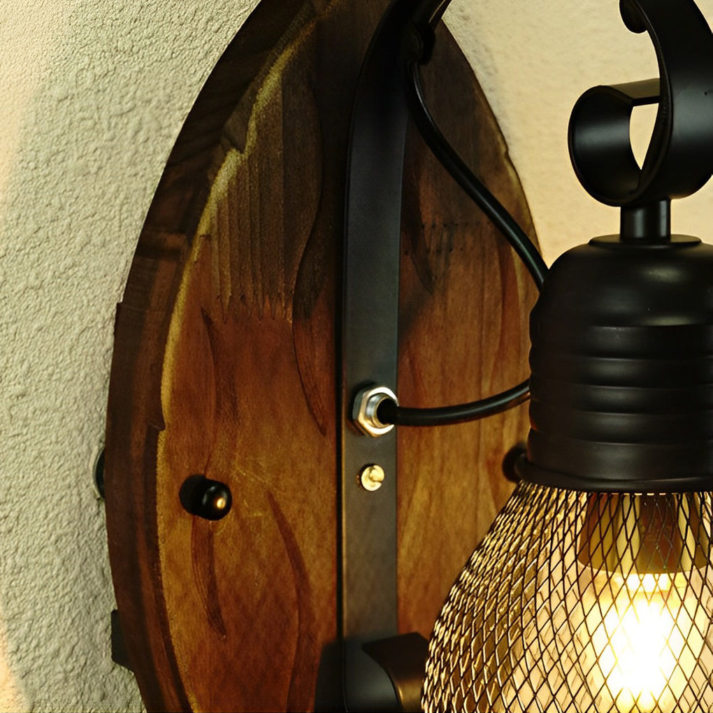 Rustic Antique Wood Iron Hollow Mesh Black Industrial Style Wall Lamp