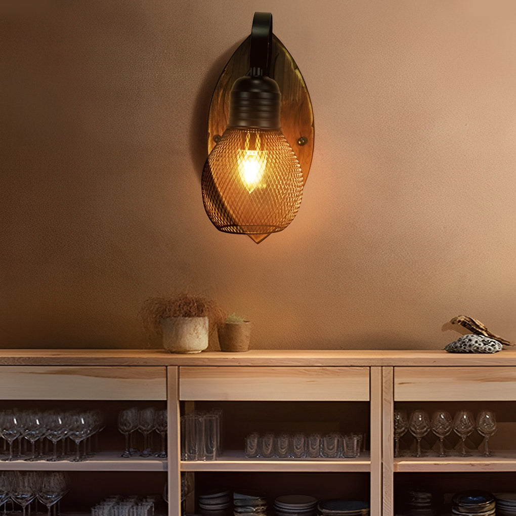 Rustic Antique Wood Iron Hollow Mesh Black Industrial Style Wall Lamp