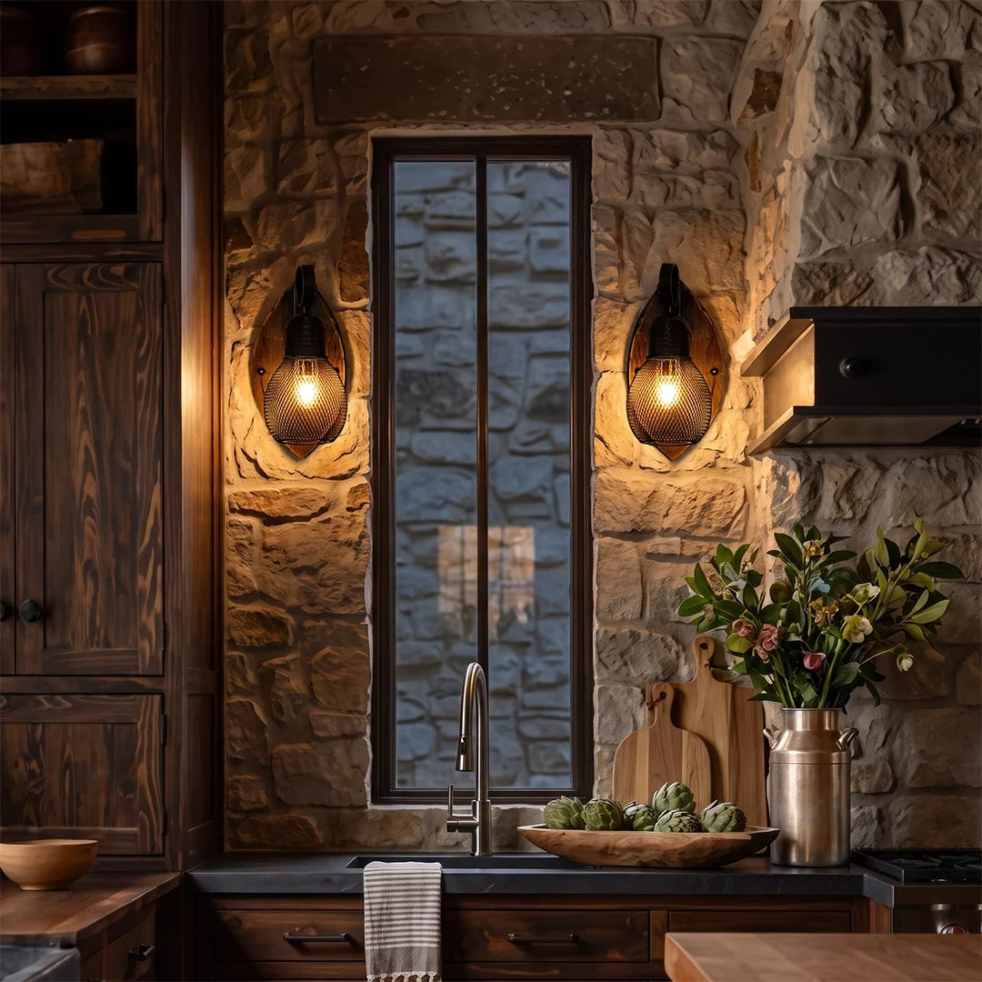 Rustic Antique Wood Iron Hollow Mesh Black Industrial Style Wall Lamp