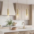 Elongated Slender Cylinder Modern Gold Crystal Column Pendant Lights