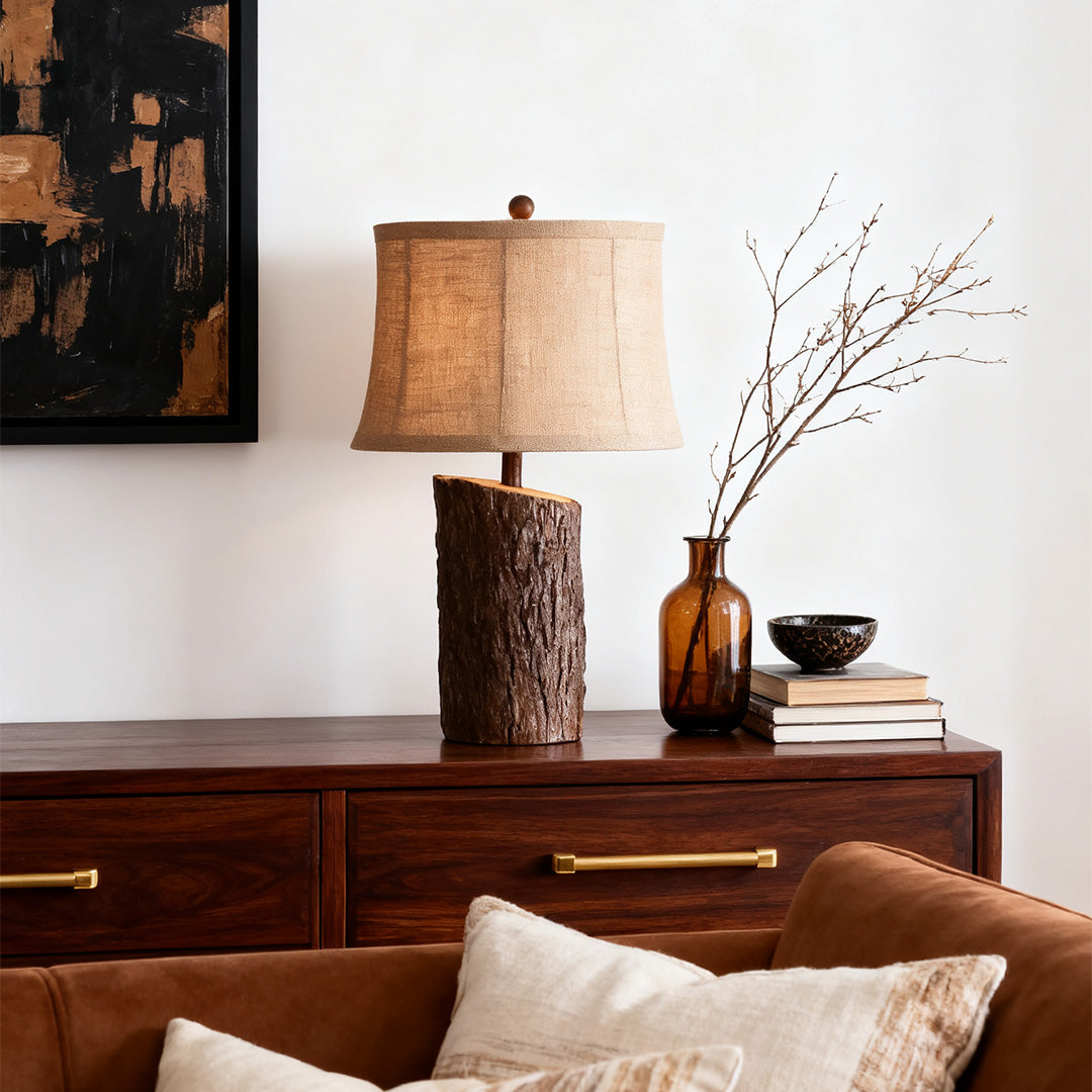 Faux Wood Table Lamp Bark-Textured Fabric Shade Nightstand Light