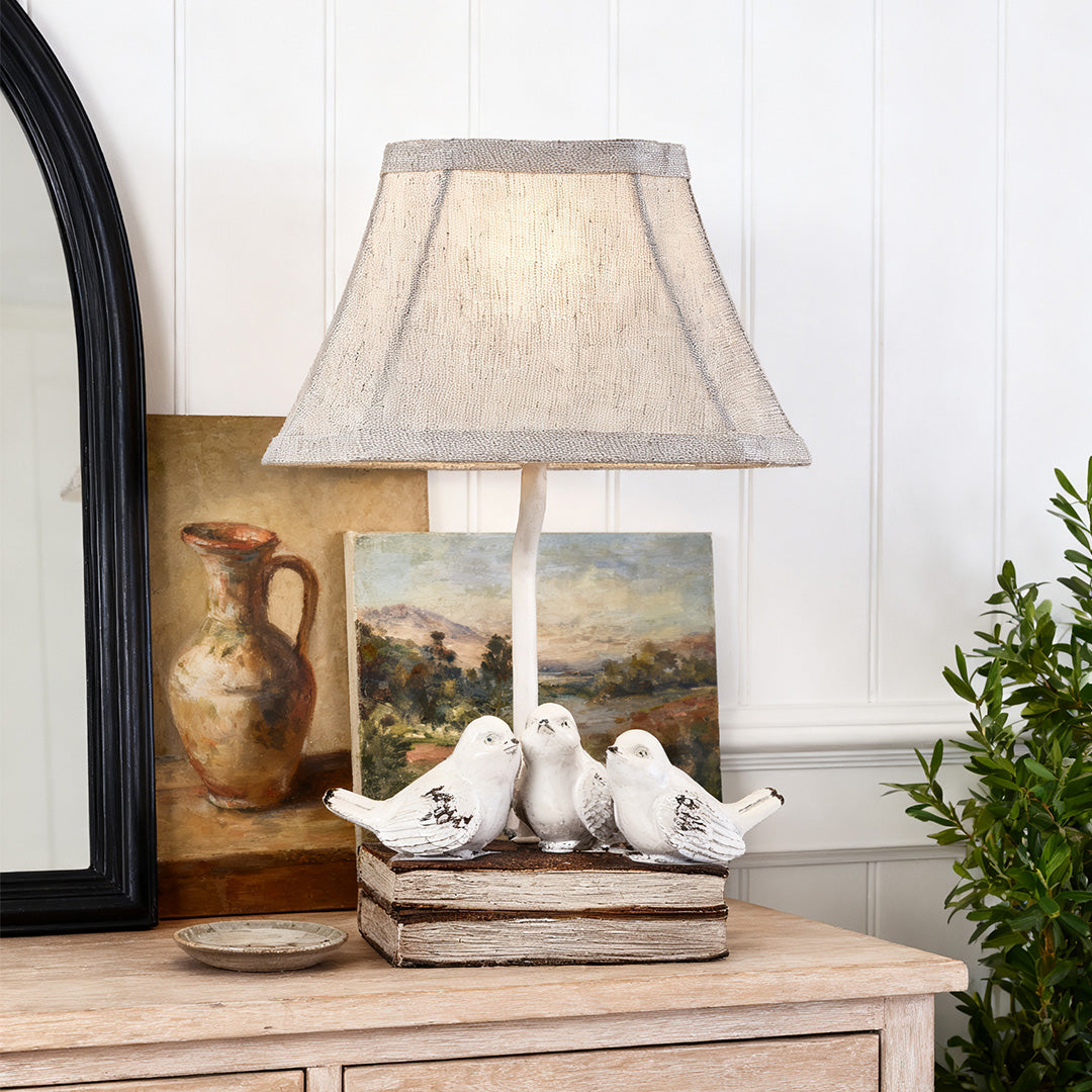 Small Bird Table Lamp French Perched on Stacked Books Fabric Light