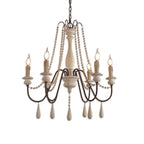 Rustic Farmhouse Wood Bead Chandelier with Teardrops Candle-Style Lights