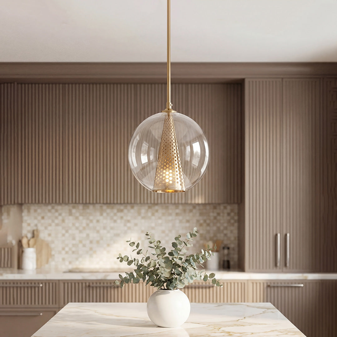 Glass Ball Pendant Lights Perforated Metal Cone Chic Ceiling Light