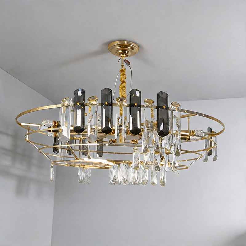 Round Drum Crystal Chandelier Modern Metal Ceiling Light
