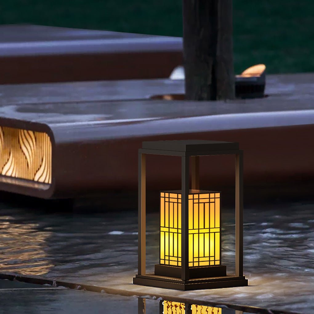 Traditional Asian Outdoor Light with Rectangular Frame and Patterned Lampshade
