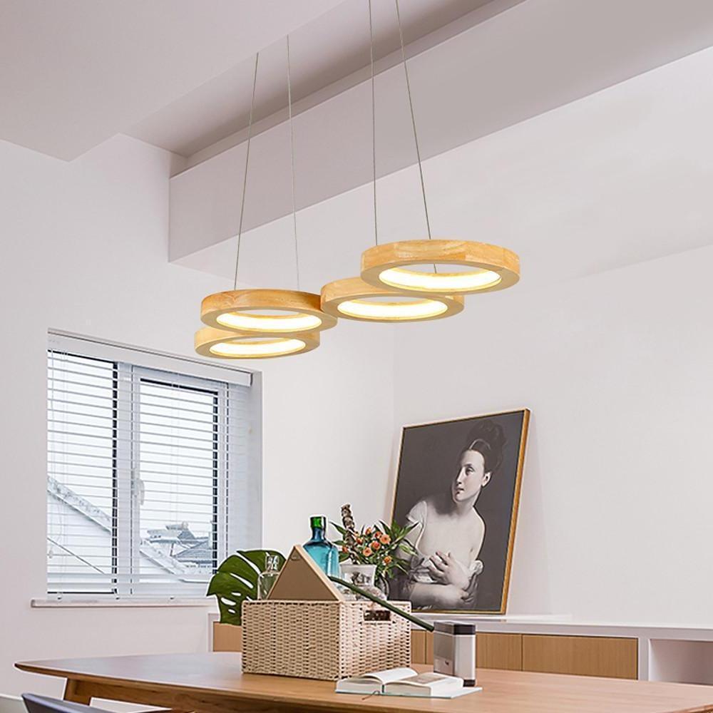 Rustic 4-Circle Wood LED Modern Chandeliers Ceiling Lights