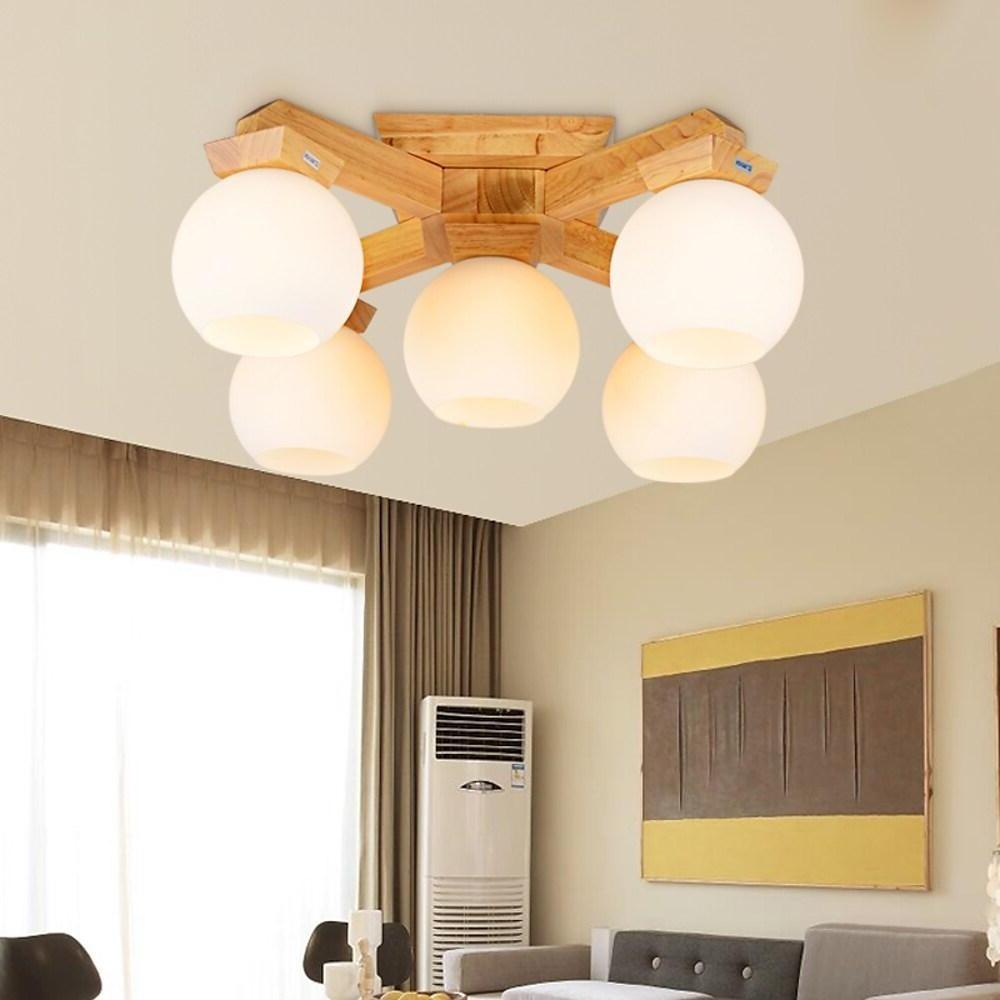 Nordic Style Wood LED Globe Flush Mount Ceiling Lighting